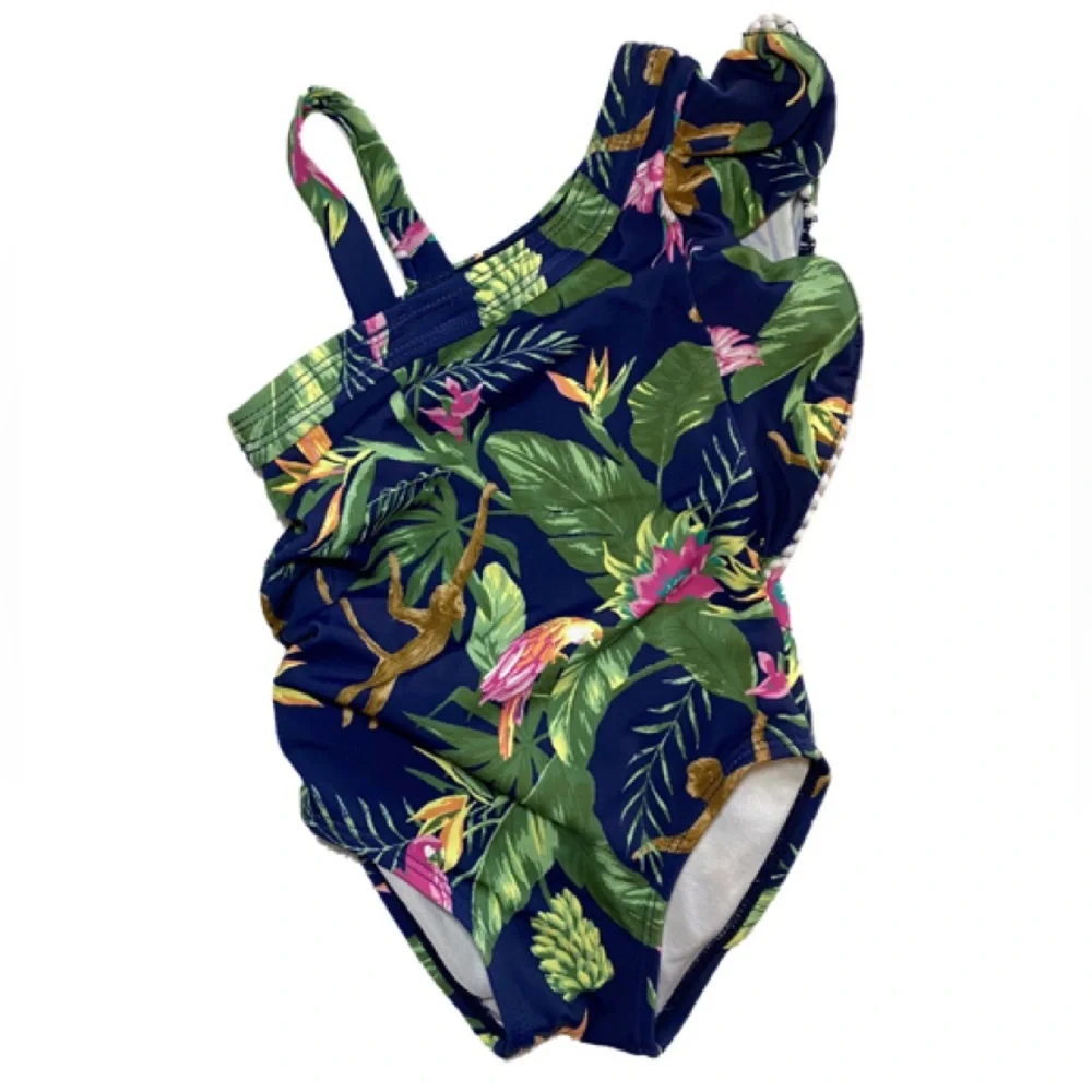 Girls Navy Tropical One-Piece Swimsuit